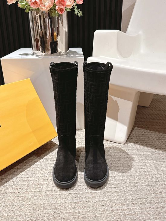 Fendi Suede Embossed Chunky Heel Ankle Boots