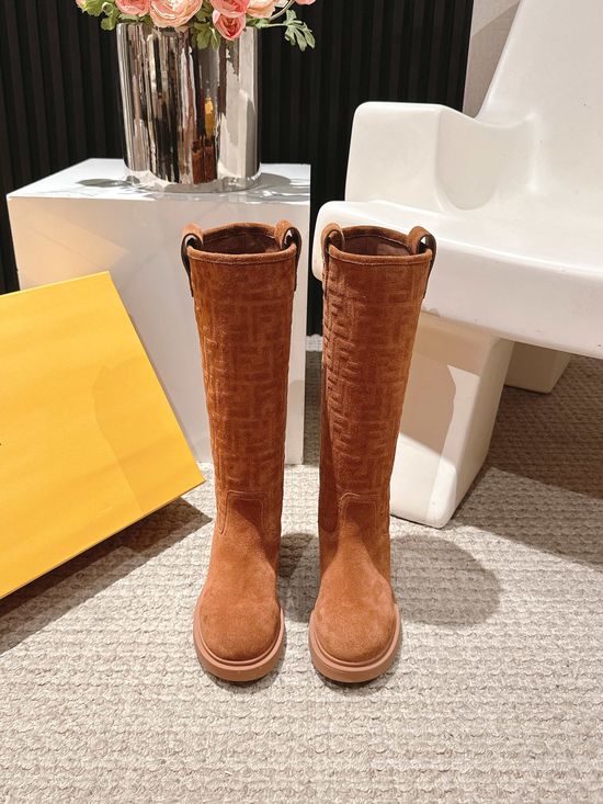 Fendi Suede Embossed Chunky Heel Ankle Boots
