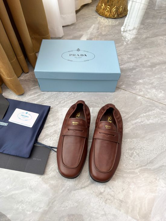 Prada Elastic Trim Slip-on Loafers Comfortable Casual Leather Shoes