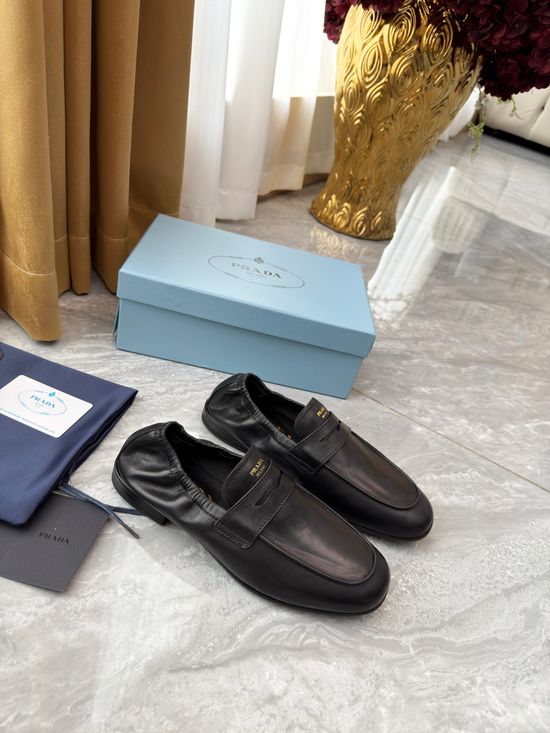 Prada Elastic Trim Slip-on Loafers Comfortable Casual Leather Shoes