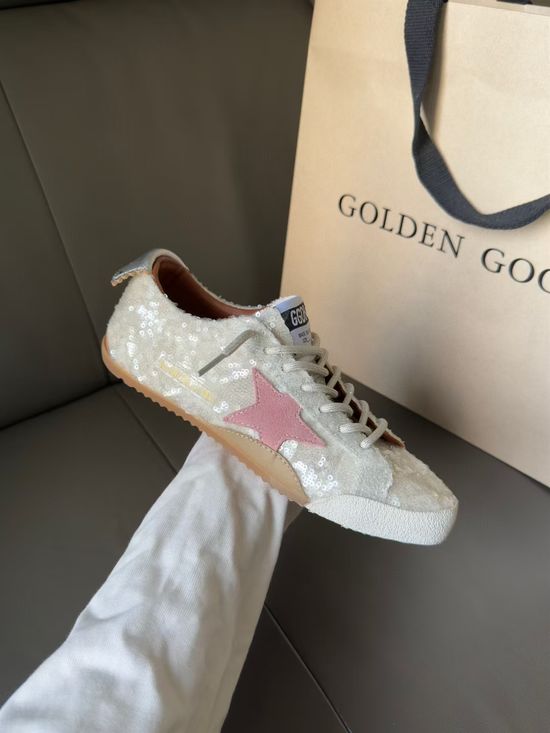 Golden Goose Pink Star White Sequin Soft Leather Comfortable Casual Sneakers