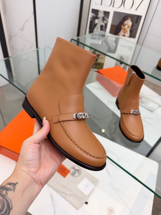 Hermes Metal Buckle Decorated Leather Flat Ankle Boots