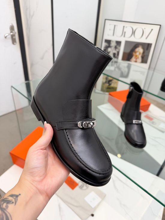 Hermes Metal Buckle Decorated Leather Flat Ankle Boots