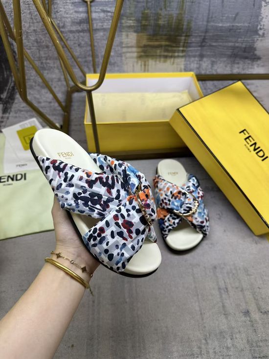 Fendi Satin Leopard Print Flat Slide Sandals