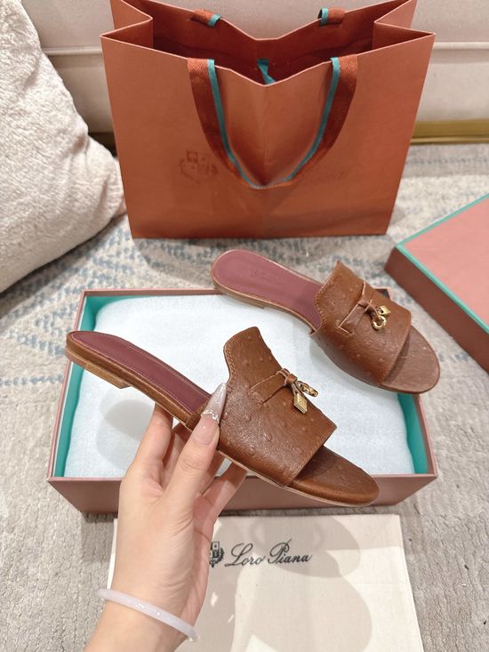 Loro Piana Ostrich Pattern Leather Comfortable Casual Slides