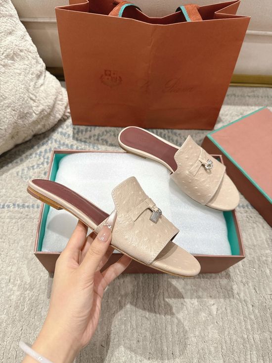 Loro Piana Ostrich Pattern Leather Comfortable Casual Slides