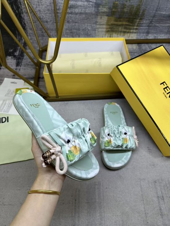 Fendi Satin Bow Flat Slides With Sheepskin Insole