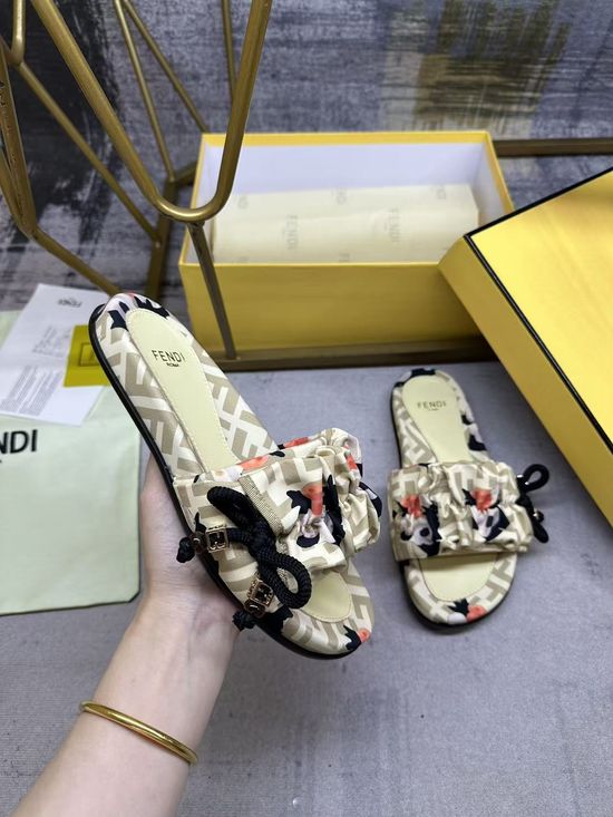 Fendi Satin Bow Flat Slides With Sheepskin Insole