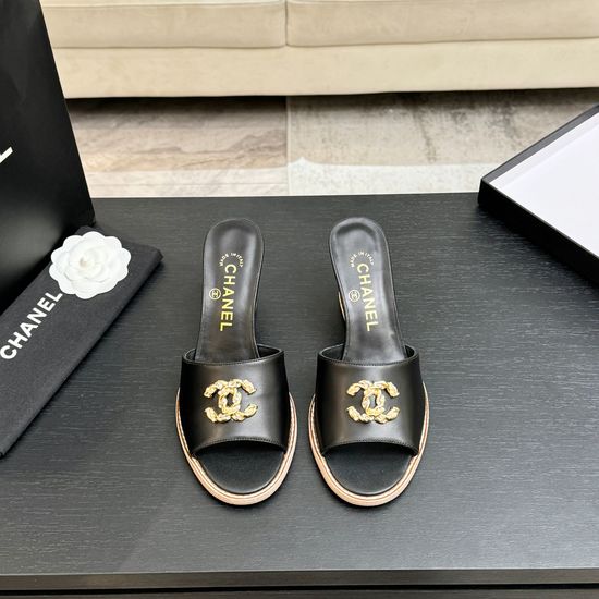 Chanel Classic Emblem Sheepskin Wedge Slide Sandals