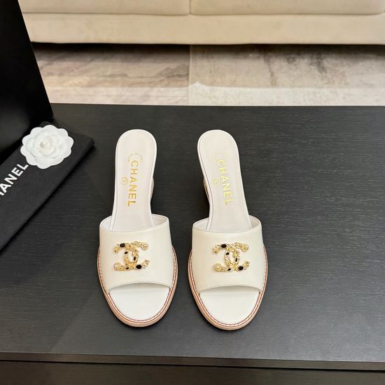 Chanel Classic Emblem Sheepskin Wedge Slide Sandals