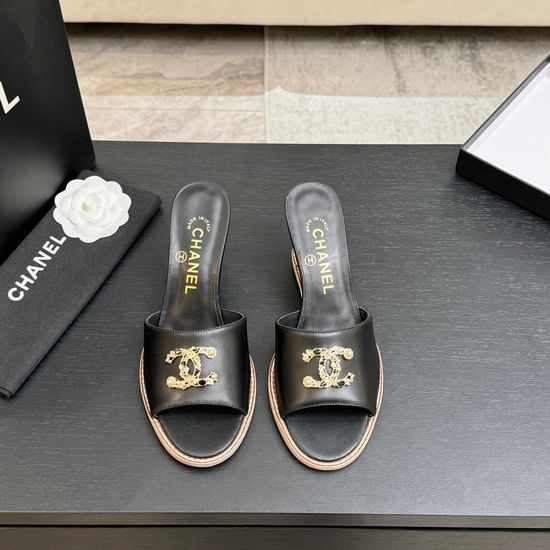 Chanel Classic Emblem Sheepskin Wedge Slide Sandals