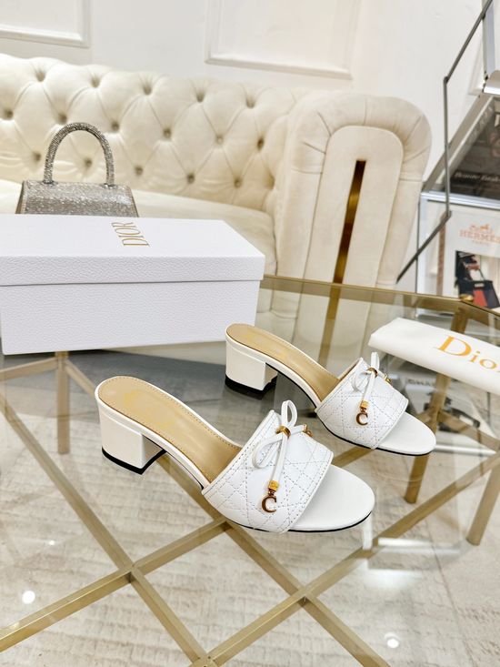 Christian Dior Sheepskin Slides With Embroidery Bow Metal Accents