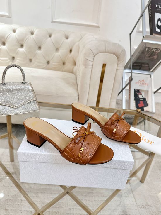 Christian Dior Sheepskin Slides With Embroidery Bow Metal Accents