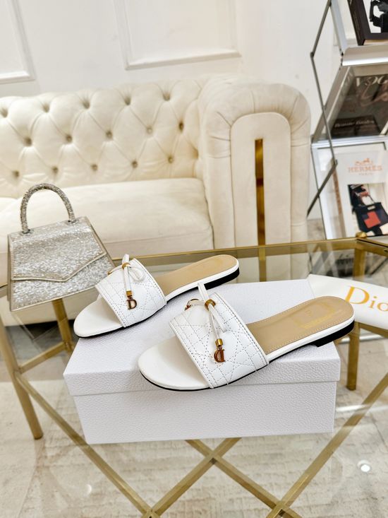 Christian Dior Sheepskin Slides With Embroidery Bow Metal Decor
