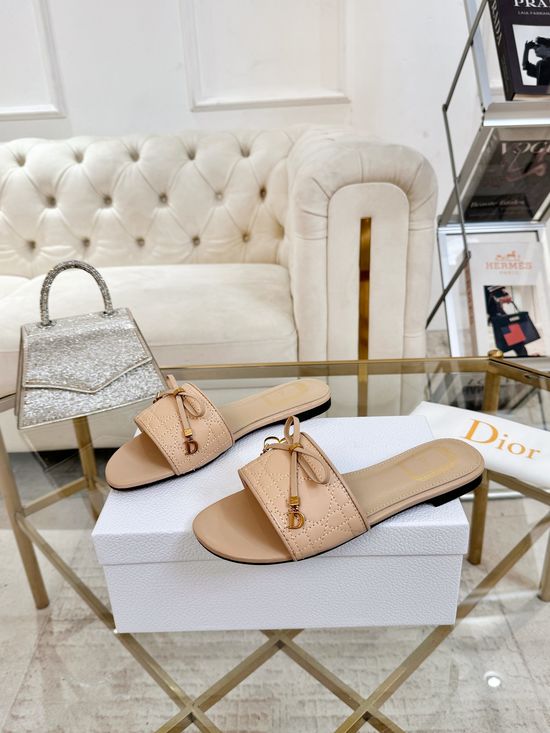 Christian Dior Sheepskin Slides With Embroidery Bow Metal Decor