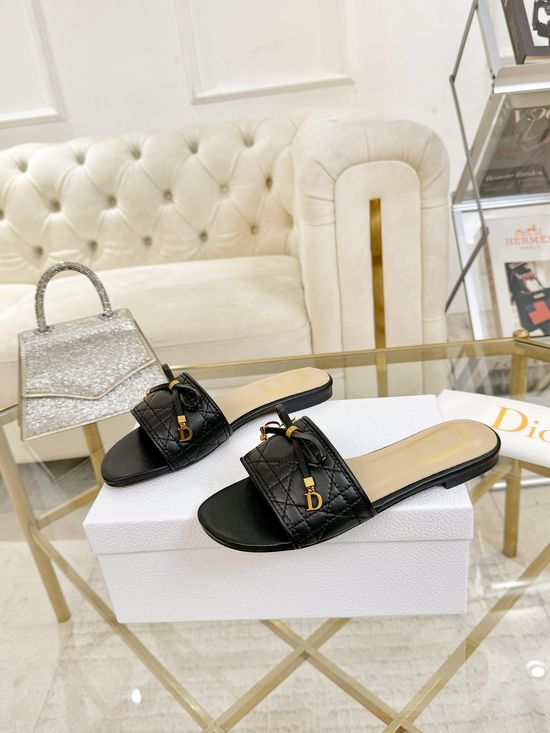 Christian Dior Sheepskin Slides With Embroidery Bow Metal Decor