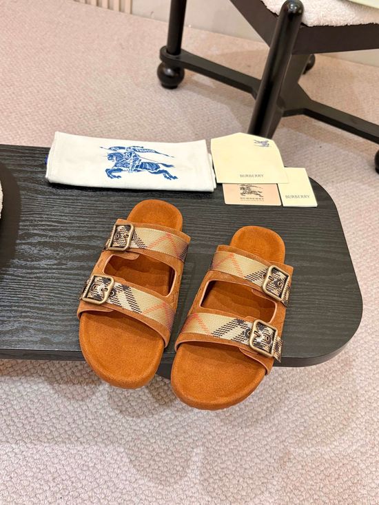 Burberry Suede Adjustable Buckle Plaid Slides Non-slip Sole