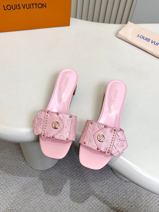Louis Vuitton Embossed Pattern Flat Mules Rivet Decor Leather Shoes