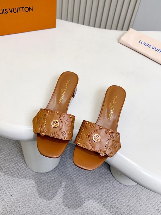 Louis Vuitton Embossed Pattern Flat Mules Rivet Decor Leather Shoes