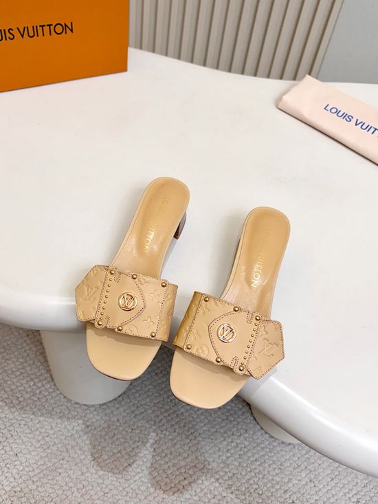 Louis Vuitton Embossed Pattern Flat Mules Rivet Decor Leather Shoes