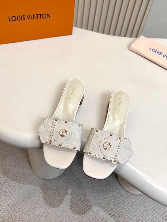 Louis Vuitton Embossed Pattern Flat Mules Rivet Decor Leather Shoes