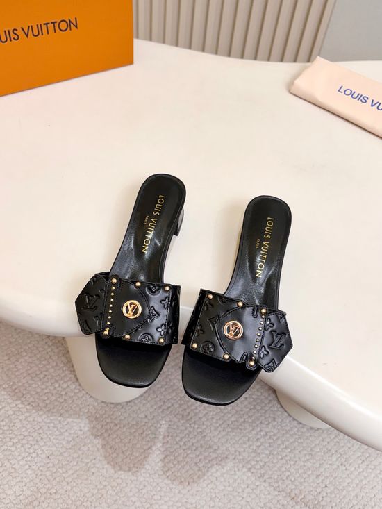 Louis Vuitton Embossed Pattern Flat Mules Rivet Decor Leather Shoes