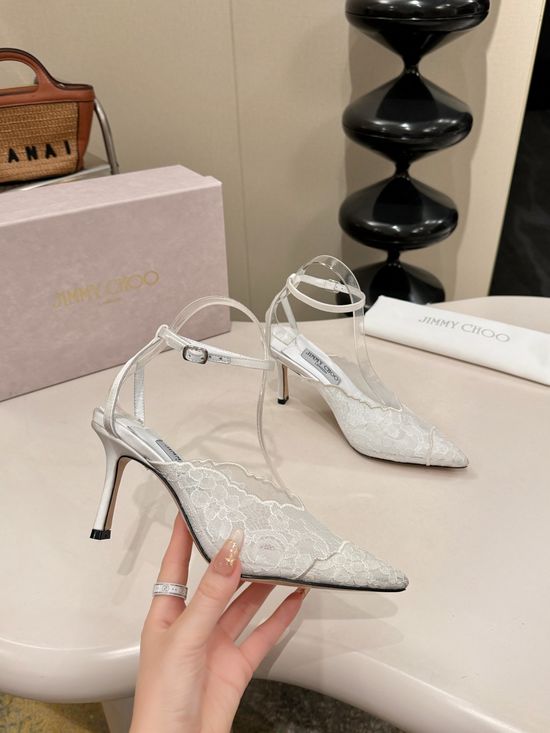 Jimmy Choo Lace Upper Sheepskin Lined Leather Sole Heels
