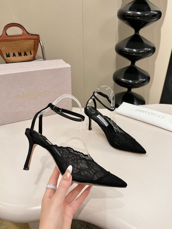 Jimmy Choo Lace Upper Sheepskin Lined Leather Sole Heels