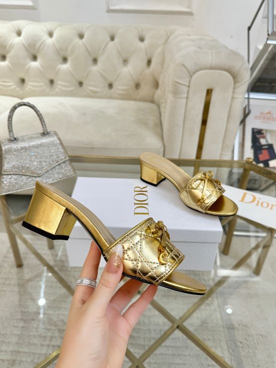 Christian Dior Embroidered Bow Decor Leather Slippers with Hardware Accent