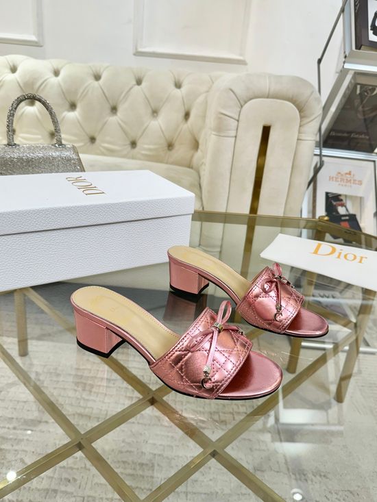 Christian Dior Embroidered Bow Decor Leather Slippers with Hardware Accent