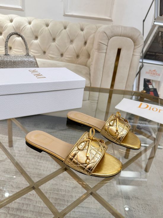 Christian Dior Sheepskin Embroidered Bow Decor Slip On Slippers