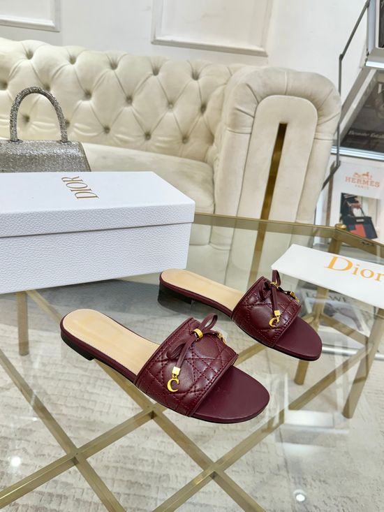Christian Dior Sheepskin Embroidered Bow Decor Slip On Slippers