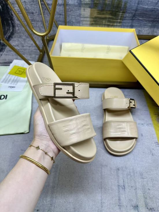 Fendi Dual Strap Embossed Pattern Flat Slide Sandals
