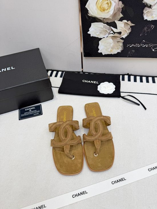 Chanel Logo Decor Leather Slip On Thong Sandals