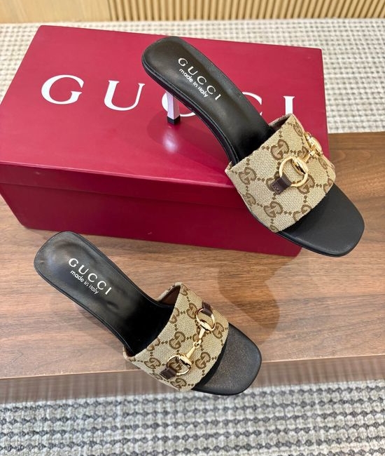 Gucci Monogram Pattern High Heel Slides Premium Leather Outsole