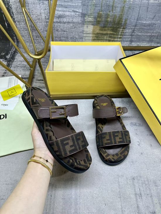 Fendi Dual Strap Coffee Leather Flat Slides with Fabric Pattern