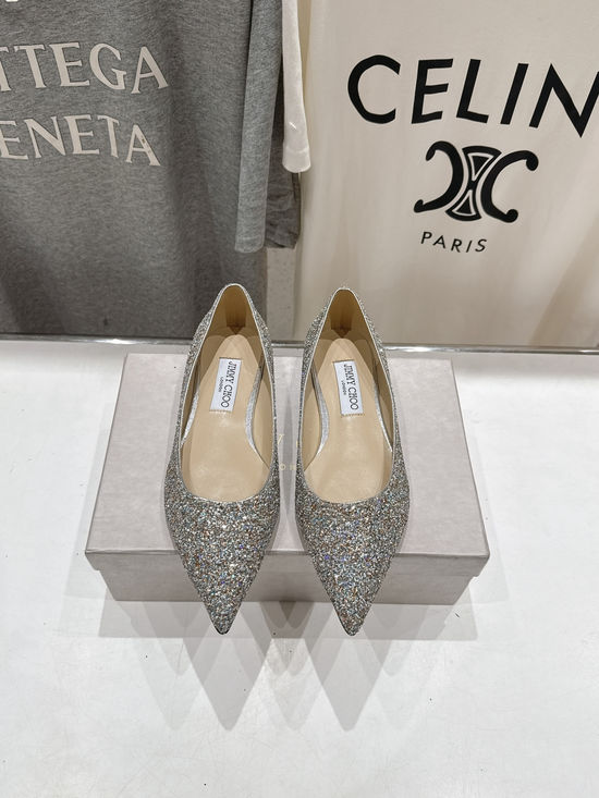 Jimmy Choo Glitter Pointed Toe Flats Comfortable Versatile Daily Shoes