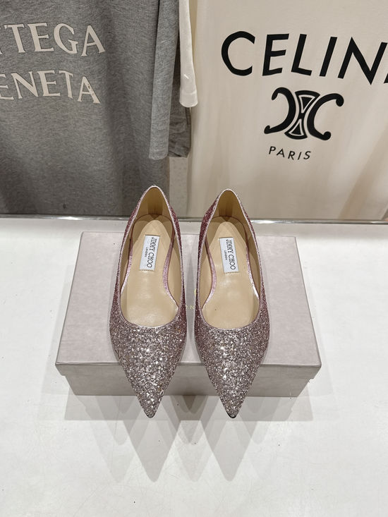 Jimmy Choo Glitter Pointed Toe Flats Comfortable Versatile Daily Shoes