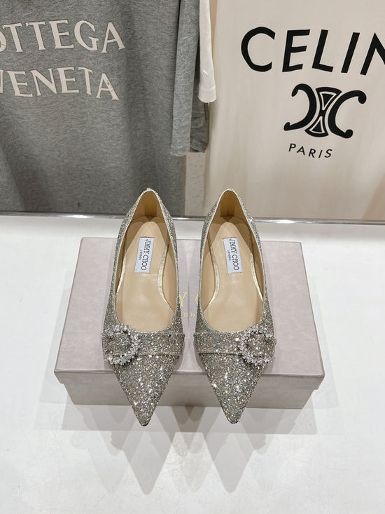 Jimmy Choo Classic Pointed Toe Glitter Flat Shoes