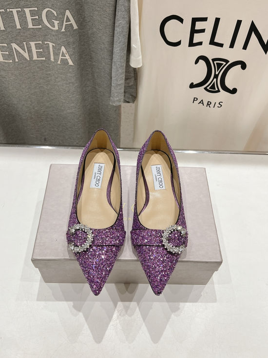 Jimmy Choo Classic Pointed Toe Glitter Flat Shoes