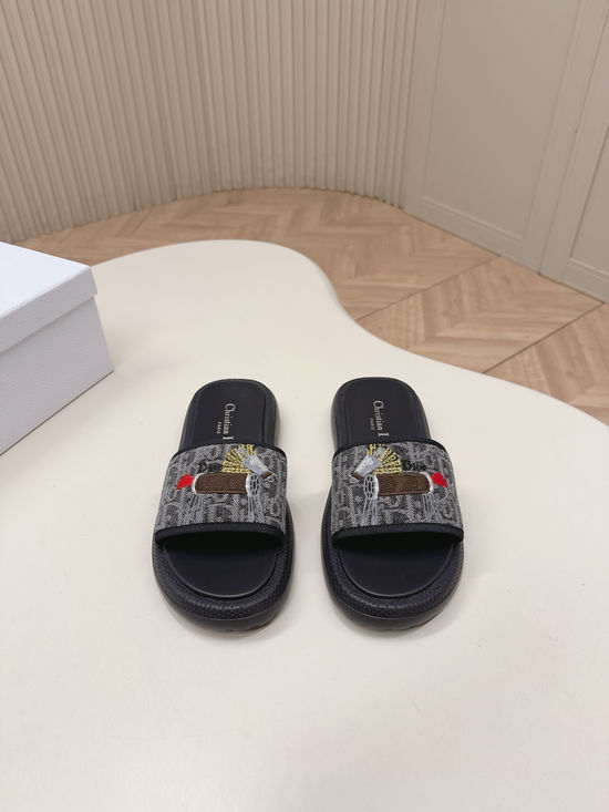 Christian Dior Premium Embroidery Comfortable Flat Slide Sandals