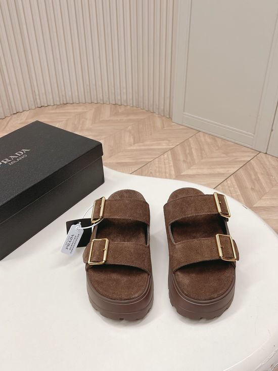 Prada Rhinestone Decor Adjustable Hook-loop Platform Slides