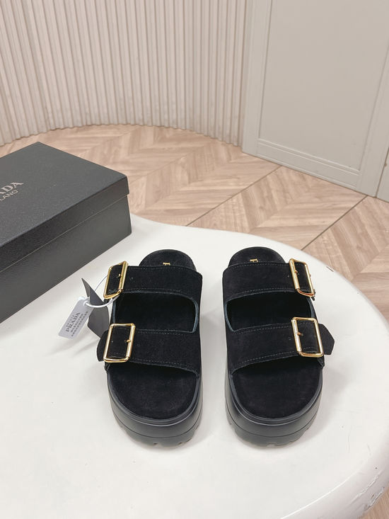 Prada Rhinestone Decor Adjustable Hook-loop Platform Slides