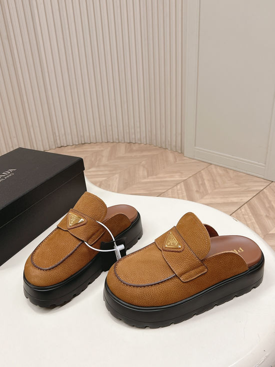 Prada Closed Toe Platform Slip On Sandals With Buckle