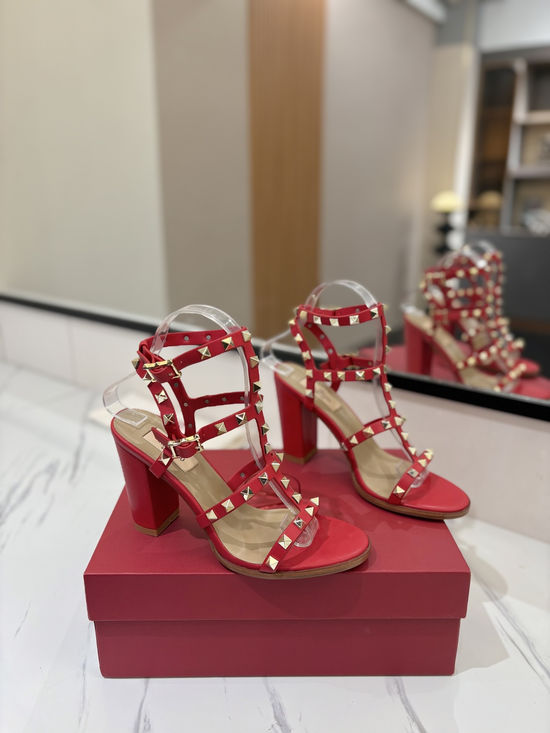 Valentino Elegant Chunky Heel Leather Sandals with Genuine Sole