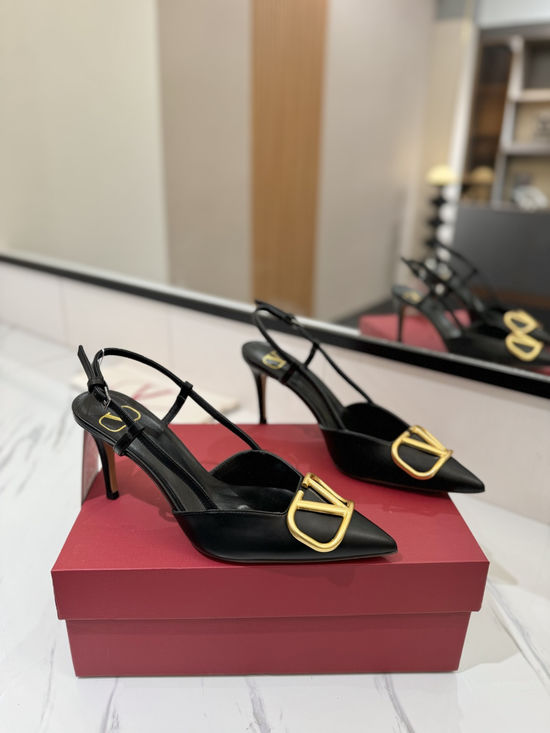 Valentino High Heel Pointed Toe V-Buckle Sandals with Platinum Logo