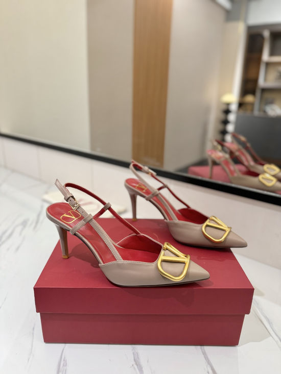 Valentino High Heel Pointed Toe V-Buckle Sandals with Platinum Logo