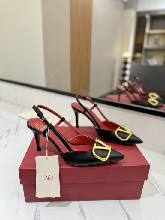 Valentino High Heel Pointed Toe V-Buckle Sandals with Platinum Logo