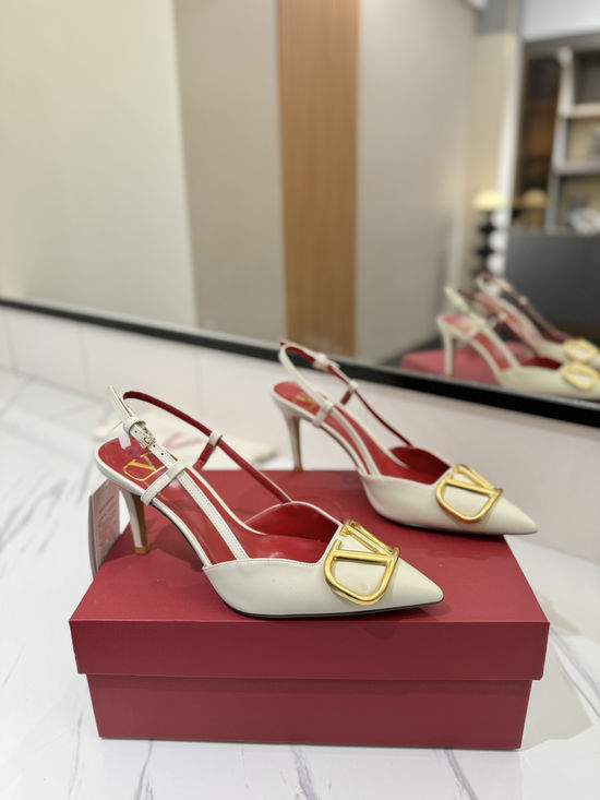 Valentino High Heel Pointed Toe V-Buckle Sandals with Platinum Logo