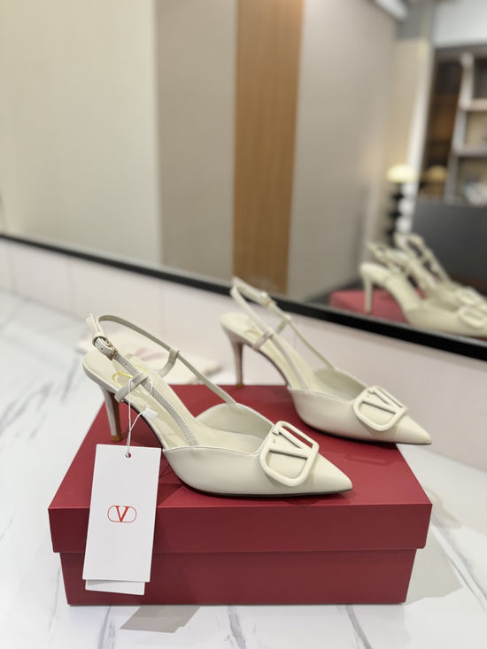 Valentino High Heel Pointed Toe V-Buckle Sandals with Platinum Logo